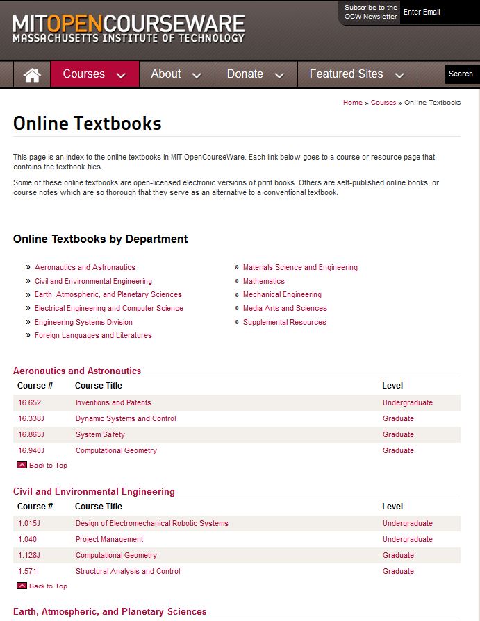 Screenshot of OCW online textbooks page.