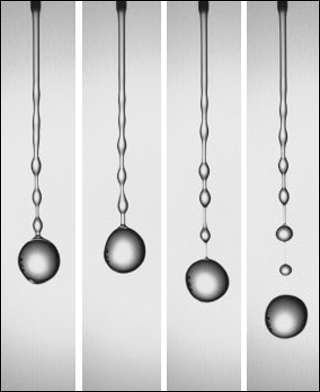 Photo series showing a large drop detaching from a stream of smaller droplets.