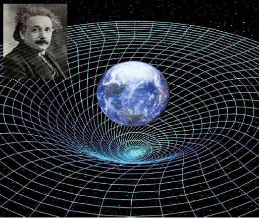 Graphic representing spacetime warping around the earth, with small inset photo of Einstein.