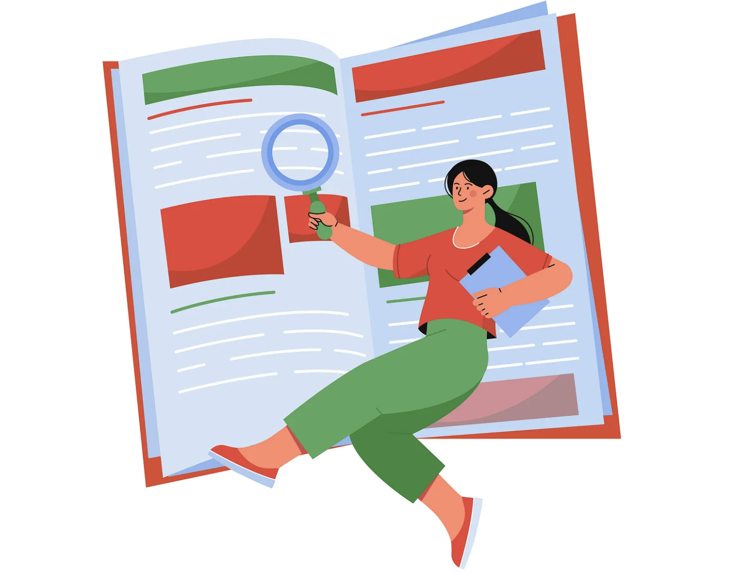 An illustration of a woman holding a magnifying glass looking at a book.